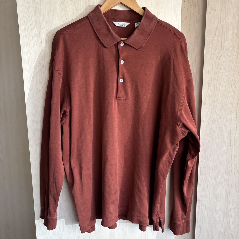Turnbury Mens Shirt Golf Polo Long Sleeve Collared 100% Cotton Rust Red Size XL